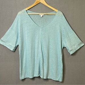 J Jill Love Linen V Neck Top Large Blue 100% Linen Short Sleeve